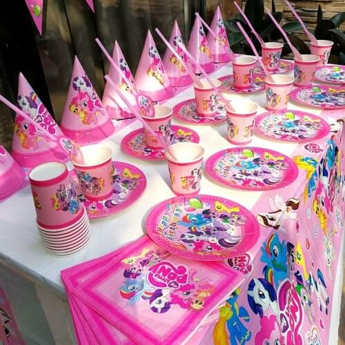 128Pcs/Lot Cartoon My Little Pony Kids Birthday Disposable Tableware Sets Decoration Childrens Day Wedding Event Supplies