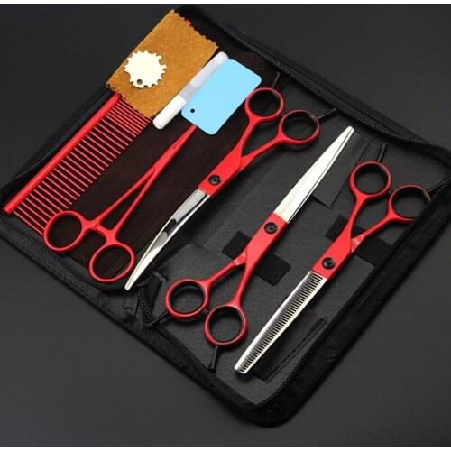 5 kit Professional Japan 440c 7 inch red pet dog grooming hair scissors pet cutting barber thinning shears hairdressing scissors