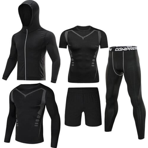 5pcs / set Mens Tracksuit Gym Fitness Compression Sport Suit Clothes Running Jogging Sports Wear Exercise Workout Tights