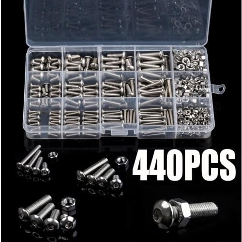 440pcs/set M3 M4 M5 Hex Socket Screws 304 Stainless Steel Button Head Bolts Nuts Assortment Kit Set Home Improvement