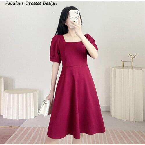 Burgundy Knee Length Prom Dresses Short Sleeve A Line Square Collar Robe De Soirée 2021 Custom Made Homecoming Dress