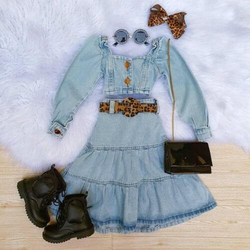 FOCUSNORM Fashion Toddler Girls 2pcs Clothes Sets 1-6Y Solid Denim Off Shoulder Long Puff Sleeve T Shirts+Ruffles A-Line Skirt