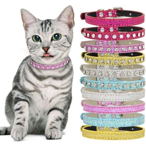 PU Shining Diamond Rhinestone Cat Collar Leather Puppy Dog Collars Cute Fashion Dog Collar Strap Kitten Accessories Pet Products