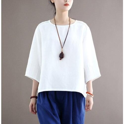 Johnature Women White Casual T-Shirts Cotton Linen Tops O-Neck Loose Autumn Clothes 2021 New Fold Patchwork Tees Female Tshirts