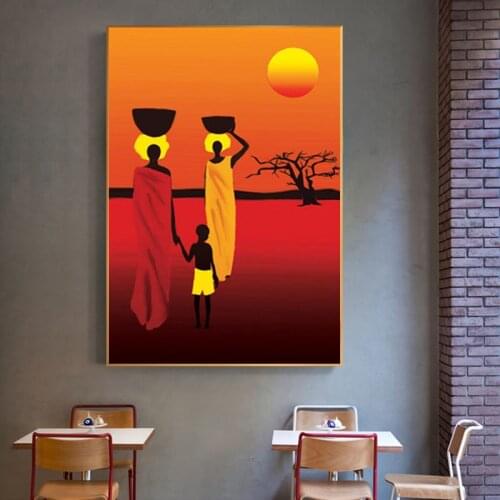 African Culture Art Posters and Prints on Canvas Painting Sunset Landscape Wall Art Picture for Living Room Aisle Home Decor