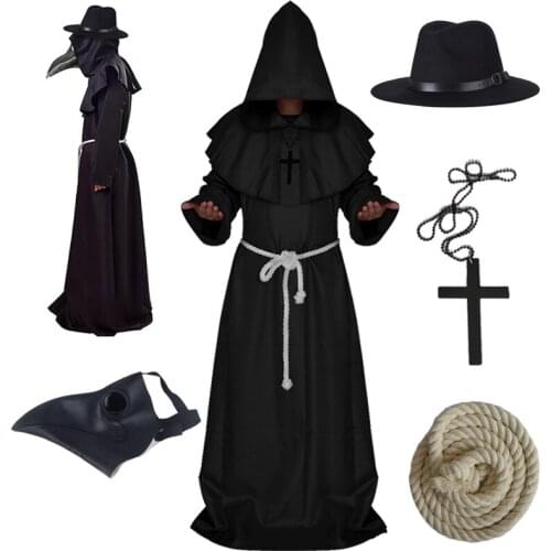 Plague Doctor Cosplay Costumes Medieval Hooded Robe Steampunk Terror Mask Hat Halloween Role Play wizard priest Christian suit