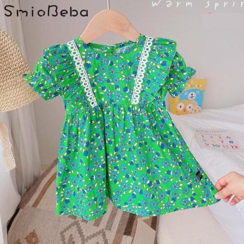 2021 Summer Dress New Korean Girls Lace Bubble Sleeve Floral Skirt Small Fresh Short Sleeve Flower Green Lace Side Princess Kids