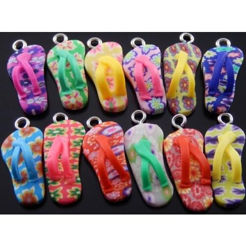 Julie Wang 10pcs Mini Charms Colorful Polymer Clay Flip Flops with Eye Nails Pendant Handmade Crafts Jewelry Making Accessory