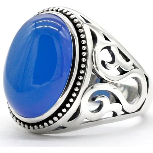 Fashion Blue Big Stone Mens Ring 925 Sterling Silver Natural Gemstone Ring Jewelry for Male Boyfriend Jewelry Gift Wholesale