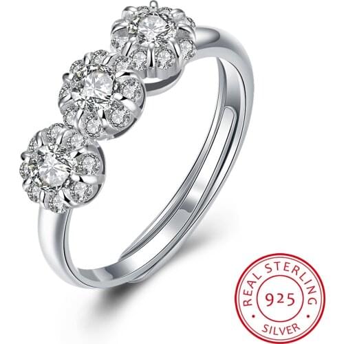 925 Sterling Silver Fashion Rings For Woman Wedding Jewelry OPen Size Design Pave 3pcs Stone