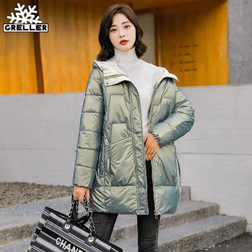 GRELLER New Winter Thicken Womens Puffer Coat Glossy Warm Hooded Long Cotton Padded Jacket Ladies Winter Down Cotton Parkas