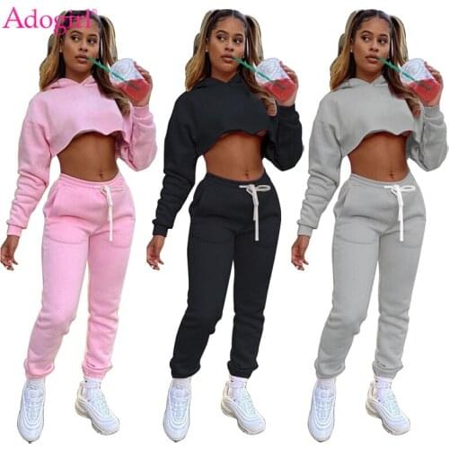 Adogirl Women Thick Fleece Solid Two Piece Set Tracksuit Long Sleeve Pullover Hoodies Crop Top Pockets Sweat Pants Fashion Suit