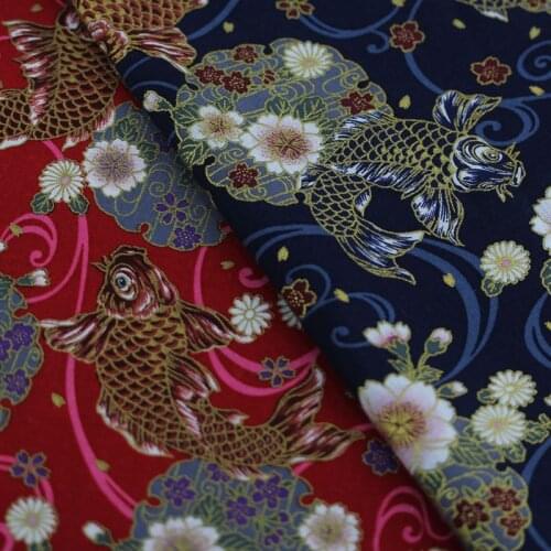 DARK NAVY RED Elegant Exquisite Goldfish Carp Flower 100% Cotton Bronzed Fabrics for DIY Craft Quilting Handwork Home decor Bag