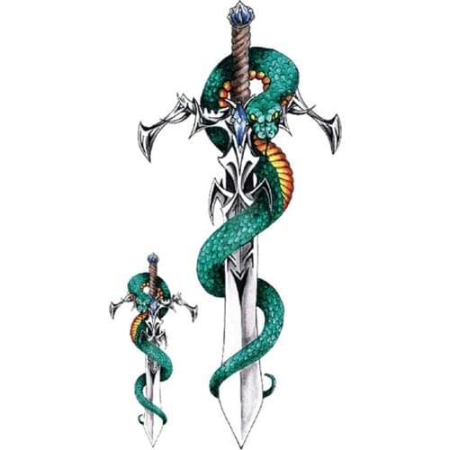 Temporary Tattoo Stickers Watercolor Green Snake Jewelry Sword Totem Fake Tattoos Waterproof Tatoos Arm Leg Large Size Women Men