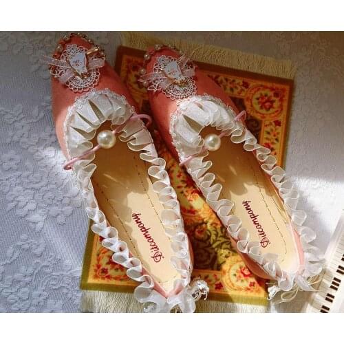 Japanese sweet lolita shoes vintage cute flower lace princess kawaii shoes round head flat heel women shoes loli cosplay