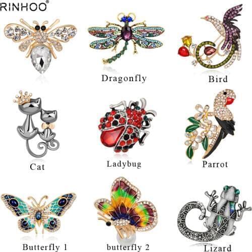 2018 Natural animals Brooch pins Bee Dragonfly Butterfly ladybug Parrot Bird Cat lizard Brooches For women Crystal Brooch