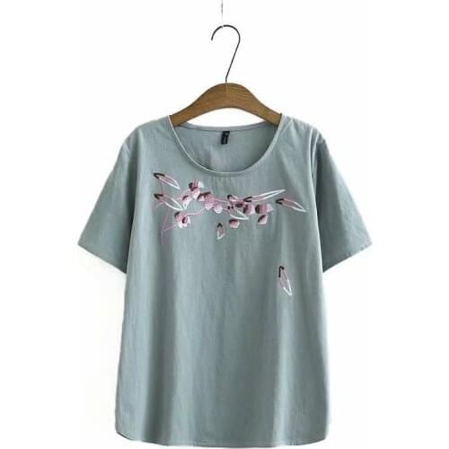 Plus Size XL-4XL Pink Blue Tops Womens New T-shirt Short-sleeved Round-neck Slim Embroidery Vintage Shirts