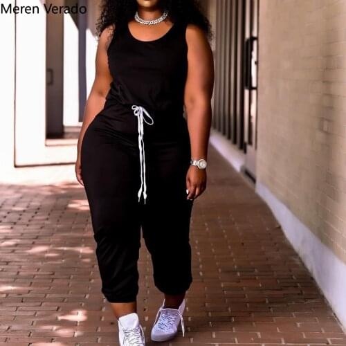 Meren Verado Plus Size Solid Womens Sleeveless Jumpsuit For Streetwear Fashion Classic Drawstring Romper Overalls