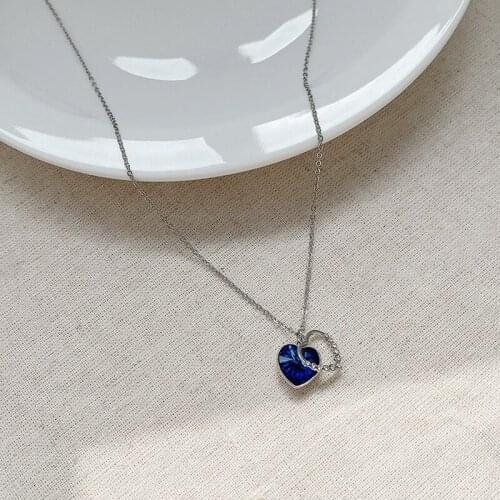 YAONUAN Korean Light Luxury Silver-plated Necklace For Women Blue Crystal Zircon Nestable Heart Pendant Shining Fashion Jewelr