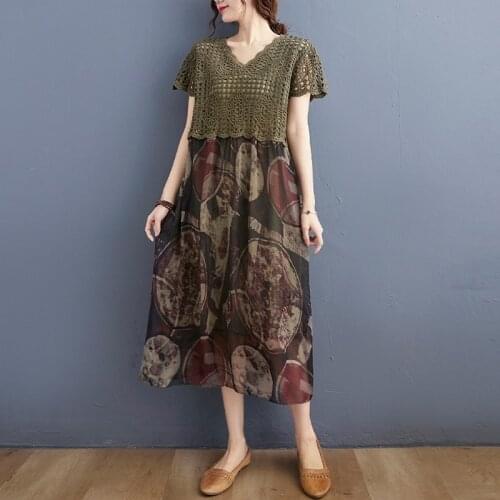 Women Summer Loose Casual Dress New Arrival 2021 Vintage Style Hollow Out Lace Patchwork Chiffon Ladies A-line Long Dresses B611