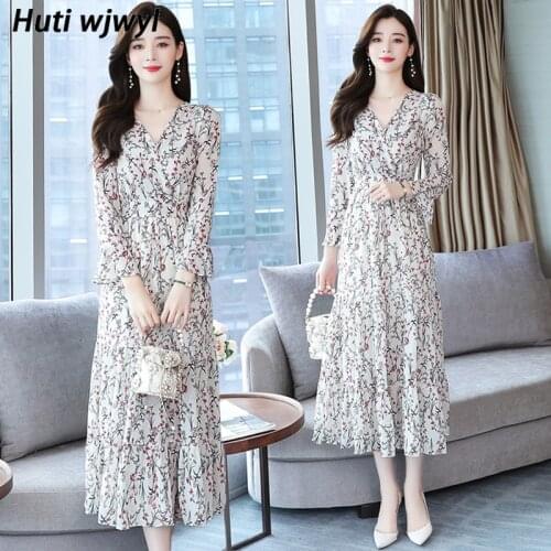White Floral Chiffon Long Sleeve Beach Midi Dress 2021 Autumn Vintage Plus Size Print Maxi Dress Women Elegant Bodycon Vestidos