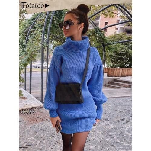 Totatoop Turtleneck Knit Sweater Winter Dress Women 2020 Lantern Sleeve Bodycon Jumper Dress Oversize Festival Sweater Dresses