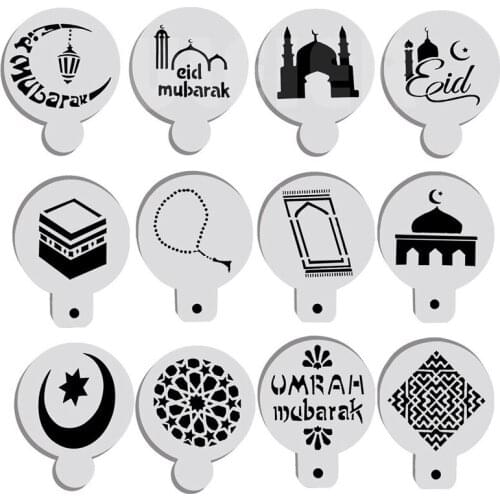 12Pcs Coffee Printing Model Mold Foam Spray Cake Mold Coffee Drawing Cappuccino Mold Powder Sieve Tool for Eid Mubarak