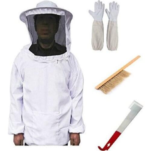4pcs/set beekeeping suit Defence Bee Dress, beekeeping gloves, J-shaped scraper, Pig 's Bristles Bee Sweep Beekeeping Tool