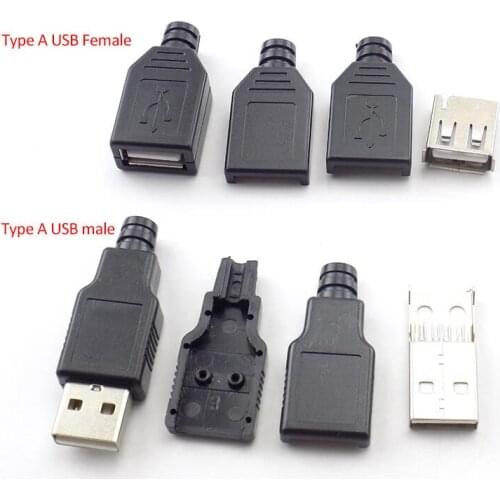 5/10pcs 4 Pin Type A Female Male USB 2.0 Adapter Socket Solder Connector With Black Plastic Cover DIY Connector Plug W17