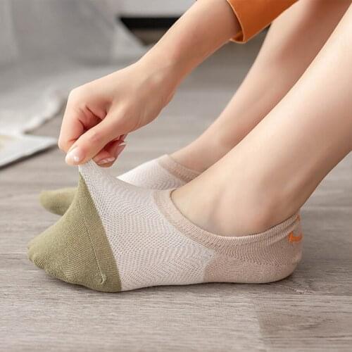 5 Pairs/set Cotton No Show Socks for Women Patchwork Colors Funny Cute Smile Face Pattern Non-slip Silicone Mesh Design