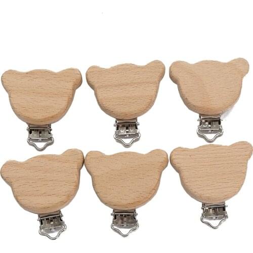 Chenkai 5PCS Wooden Bear Pacifier Clips Nature DIY Organic Eco-friendly Nature Baby Pacifier Rattle Teething Grasping Toy