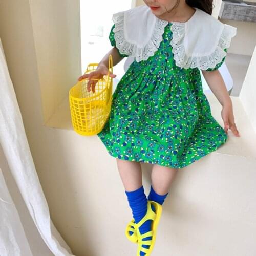 Kids Clothes Girls Summer Dress 2021 Children Dresses Toddler Lace Collar Short Sleeve Princess Dress Green Floral Vestidos
