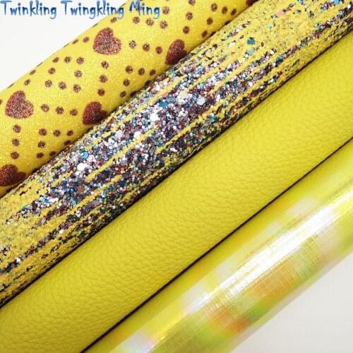 Yellow Glitter leather, Hearts Printed Glitter Fabric, Suede Faux Leather Sheets For Bow A4 21x29CM Twinkling Ming KM237