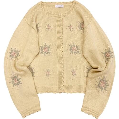 Korean Fashion Cute Girls Cardigan Women Vintage Floral Kawaii Blue Knit Sweater Coat 2021 Long Sleeve Casual Yellow Knitwear