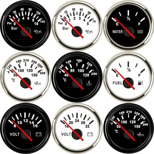 Red Backlight 52MM Gauge 0-190ohm Fuel Water Level Gauge Water Oil Temperature Gauge Voltmeter Pressure Meter Voltage for Boat