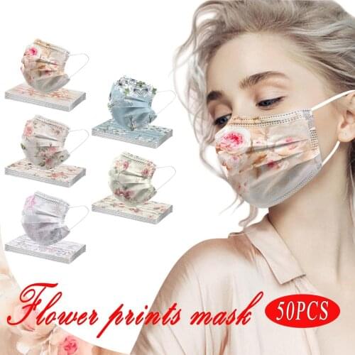 50pcs Fashion Flower Print Adult 3ply Filter Protective Disposable Mouth Mask Mascarillass Blossoms Halloween Cosplay
