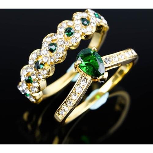 2pcs Fashion Green Stone Rings For Women Exquisite Cubic Zirconia Gold Color Stacking Rings Set For Women Men Party Gifts