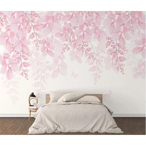 Pink Cherry Blossom Wallpaper Mural Flower Waterproof Canvas Romantic Floral HD Hand-painted Wall Papers Rolls Custom