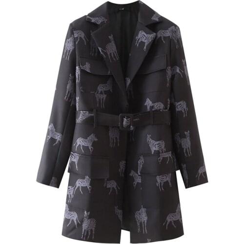 New women fashion zebra animal print casual Long suit jacket with belt office lady coat long sleeve pockets chic Female blazer