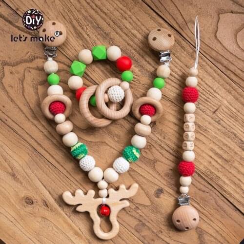 Lets Make 3pcs/set Christmas Baby Kids Toys Stroller Accessories Silicone Beads Teether Wooden Baby Stroller Accessories Kit