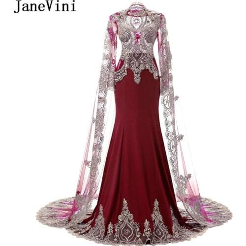 JaneVini Dress Burgundy Mother of The Bride Dresses with Detachable Cape Gold Applique Beaded Saudi Arabic Mermaid Evening Gowns