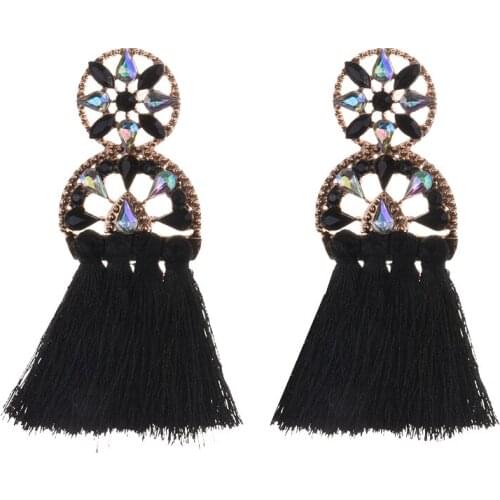 PPG&PGG Wedding Women Statement Earring Fashion Floral Crystal Drop Earrings Jewelry Long Black Tassel Fringes Earring