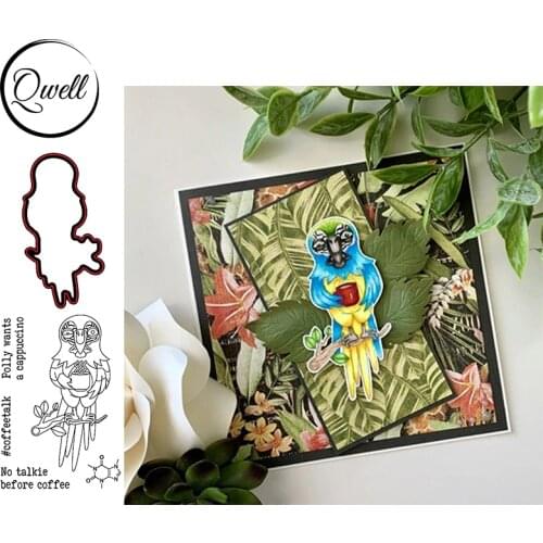 QWELL Clever Parrot Silhouette Stamps & Die Combos Sentence No takie before coffee DIY Scrapbooking Craft Paper Cards Album