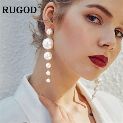 RUGOD Vtinage simulated pearl earring women Elegant office laies Long party earrings Fashion round white big beads jewelry