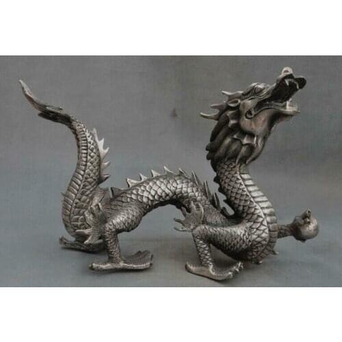 12"Chinese Fengshui Silver Zodiac year Animal Auspicious Dragon lucky Statue