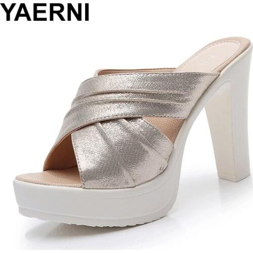 YAERNI 2021 Summer Women Gladiator Shoes 10cm Block High Heels Slippers Open Toe Platform Sandals Gold Silver Black Slides 32-43