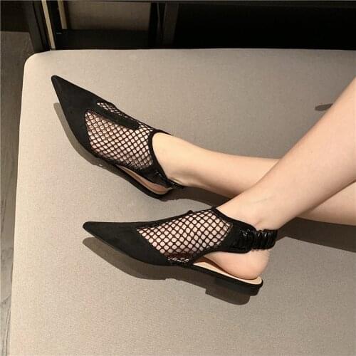 Fashion Women Sandals Flats Shoes Pointed Toe Hollow Back Strap Elastic Band Black/Beige Hollow Mesh Sandals Elegant Beach Shoes