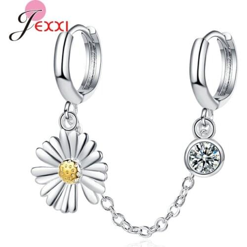 925 Sterling Silver Women Earrings Simple Cute Daisy Hoop Earring Link Chain Double Minimalist Circle Brincos Fashion Jewelry