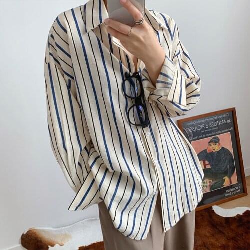 2020 Women Long Sleeve Vintage Cotton Blended Striped Loose Womens Tops And Blouses Summer Shirt Blusas Roupa Feminina