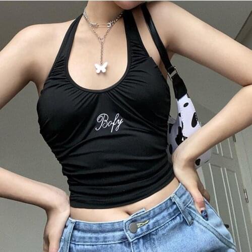 Women Fashion Solid Halter Backless Neck Sling Letter Print Tops Stylish Sleeveless Ruched Crop Top
